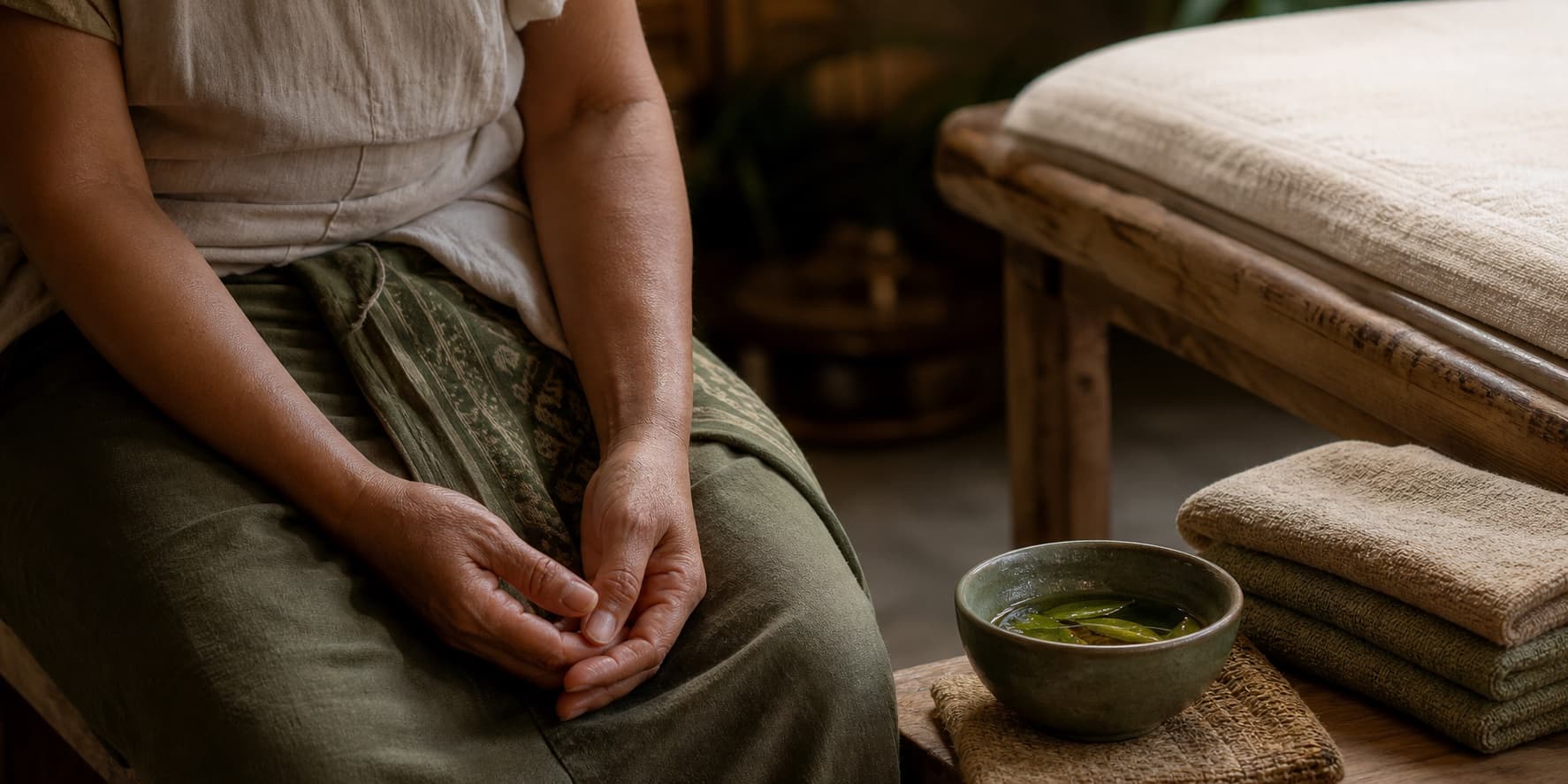 A hilot practitioner's hands resting beside treatment oils and folded towels