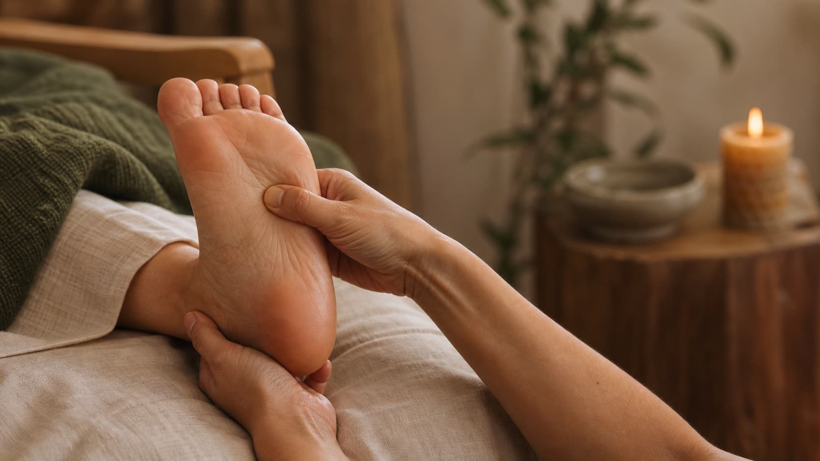 Hands supporting a heel while applying reflexology pressure to the sole
